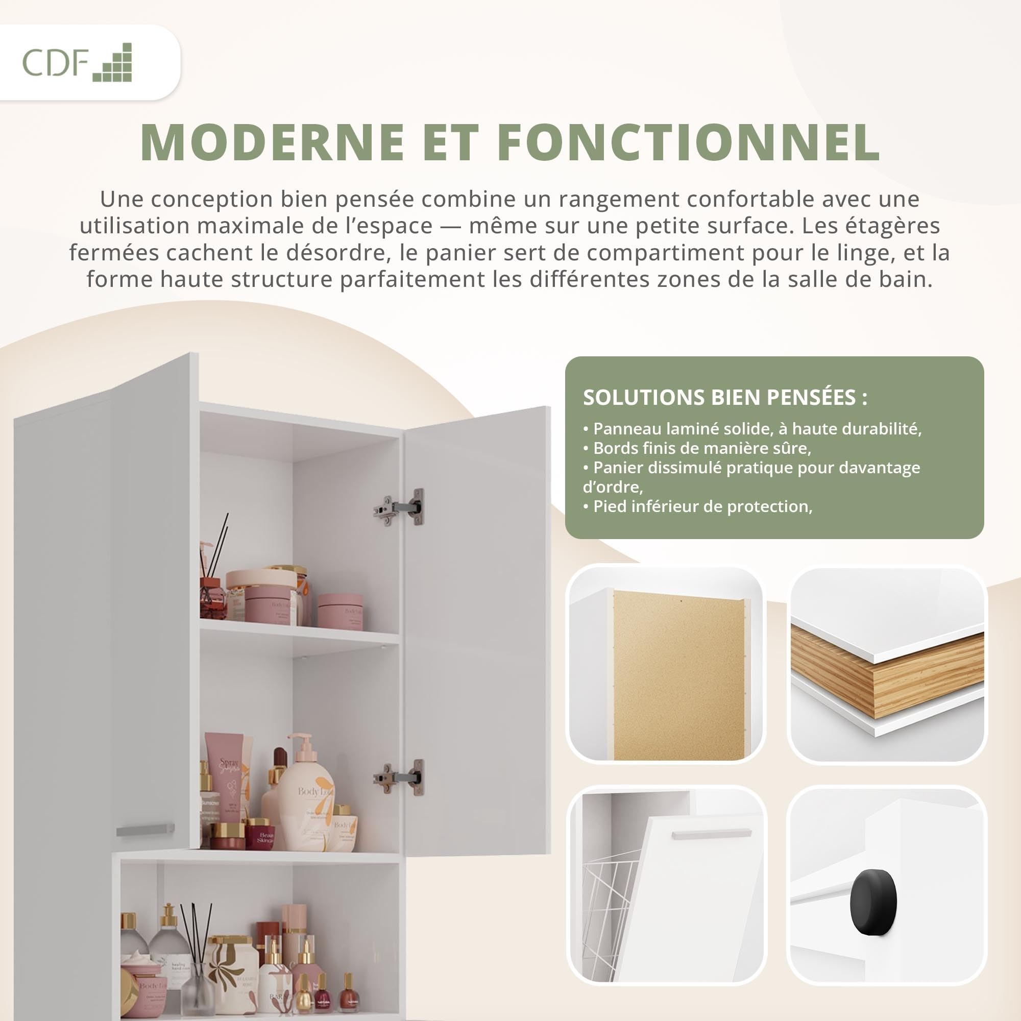 CDF Armoire Haute Salle de Bain Meuble Colonne de Salle de Bain Armoire de Rangement à 4 Portes avec Etagère Réglable pour Salon Cuisine - 60x30x174 cm Blanc - 1 Panier à Linge