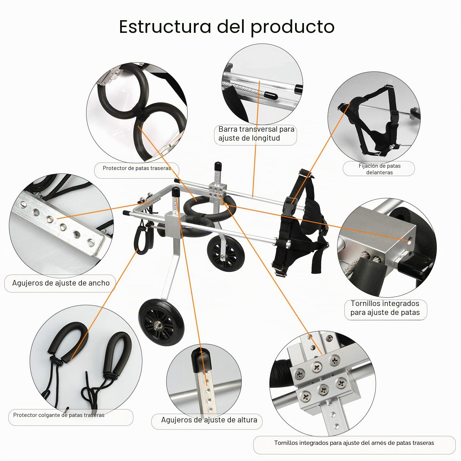Silla de ruedas ajustable para perros para patas traseras, rehabilitación, 2 ruedas, silla de ruedas mediana para patas traseras de 24-34 cm, perros de 5 a 14 kg