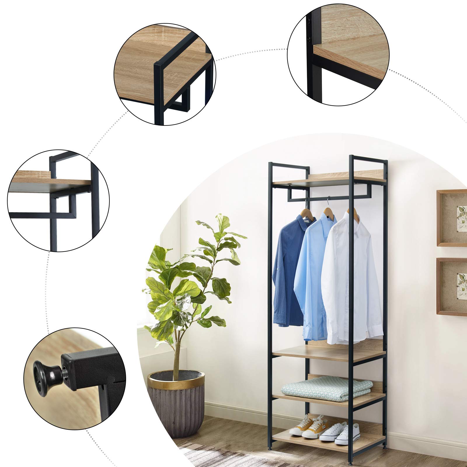 WOLTU Porte-Manteau Meuble pour Vêtements avec un Tringle et 4 Étagères de Rangement en Bois et Acier, Penderie Ouverte pour Salon, Chambre Chêne clair + Noir