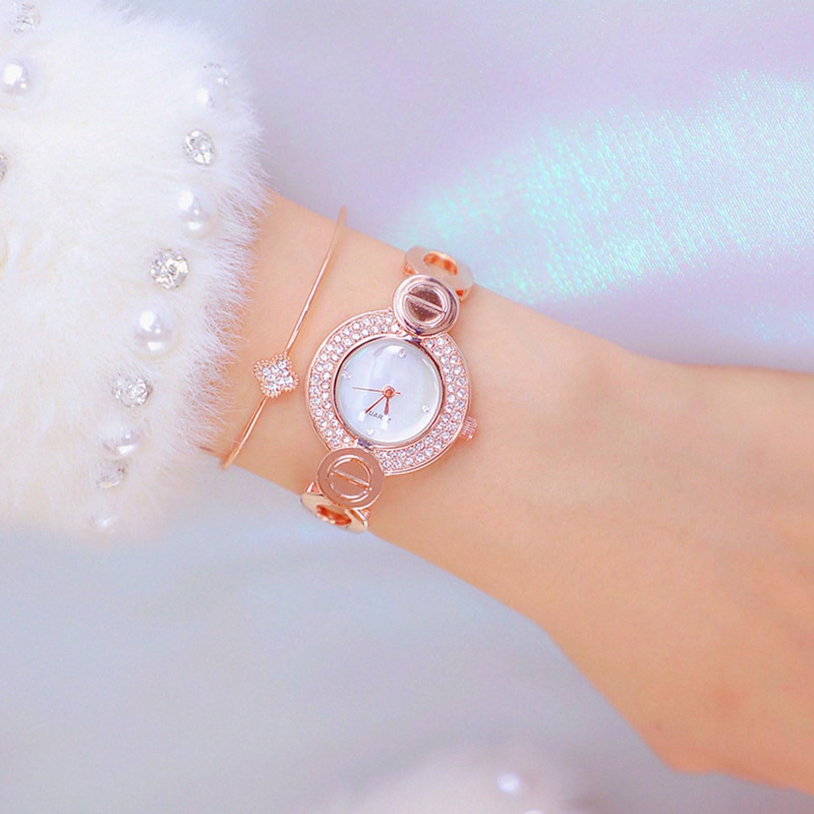 Reloj analógico de Cuarzo con Esfera Redonda y Correa Fina, Moderno y Lleno de Diamantes, Regalo de joyería de Lujo for Mujer, Paquete de 2 Reloj de Pulsera(Rose Gold)