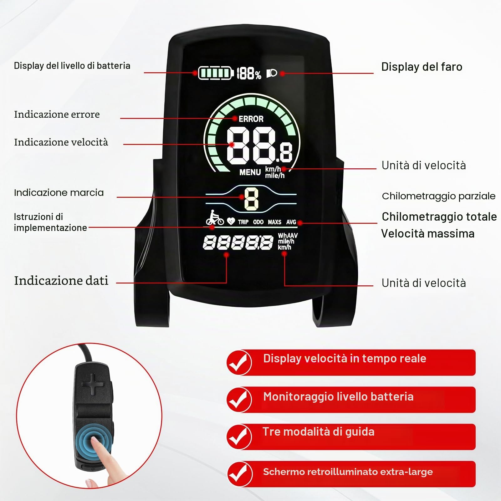 Pannello di controllo LCD per bici elettrica, display LCD 80C, misuratore di velocità intelligente per bicicletta elettrica con supporto di tensione 36 V 48 V, sistema di controllo del