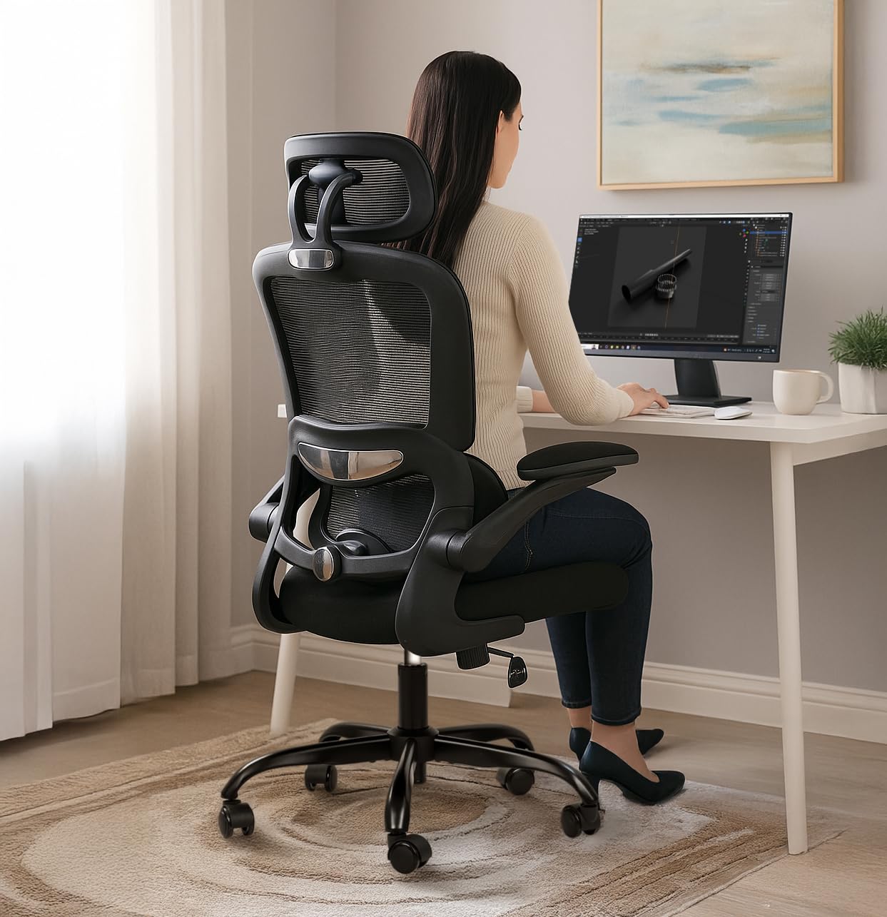 Premium Ergonomic Office Chair for Work from Home, High Back Computer Chair with Adjustable Seat, Lumbar Support & Headrest, Flip-up Armrest & Recline | Mesh Chair for Office/Home (Black)
