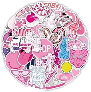 Pink Preppy Stickers for Water Bottle, 50PCS Kawaii Vinyl Sticker for Laptops Scrapbook Skateboards Notebook, Kids Teens Girls Adults Cute Cartoon Birthday Gifts Sticker