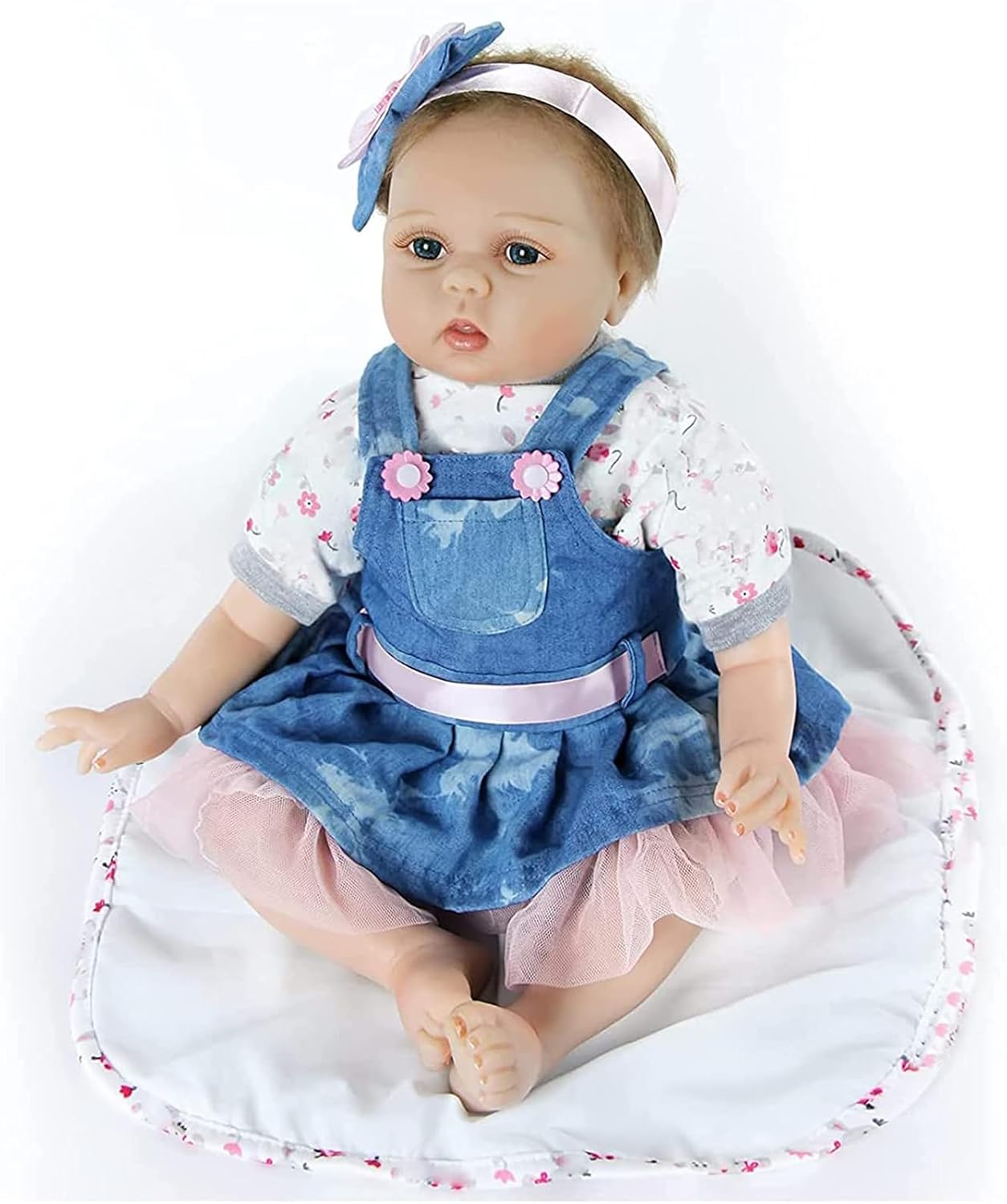 Lifelike Reborn Baby Dolls - Realistic Baby Doll 22 inch Newborn Girl Doll Blue Denim Dress, 22 Inches Soft Cloth Body Pacifier, Bottle, Outfit Baby with Accessories Toy for Kids Age 3 +
