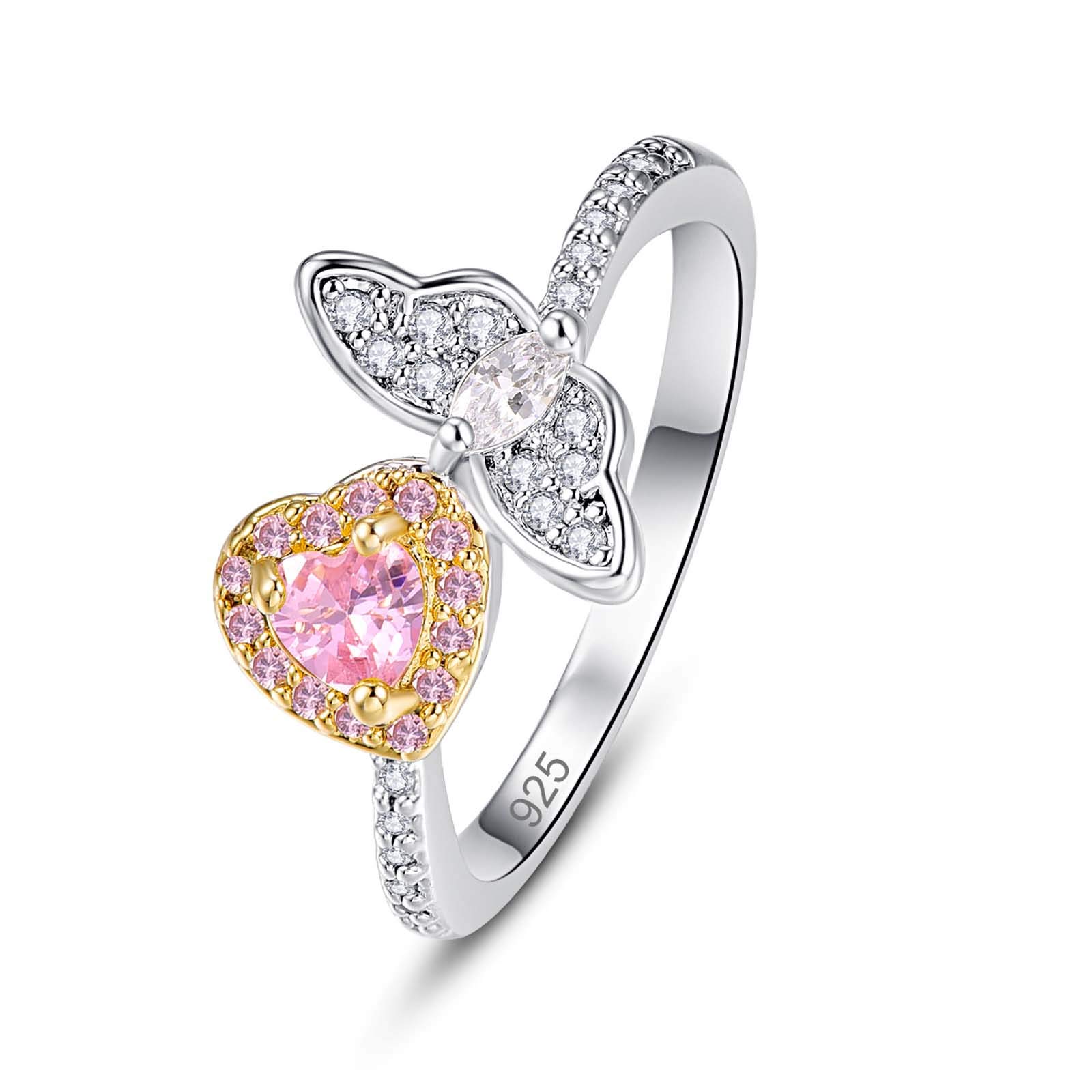 Emsione 925 Sterling Silver Plated Created Pink Topaz Heart Cut with Butterfly CZ Pave Eternity Promise Ring Engagement Wedding Bands for Women Size 9