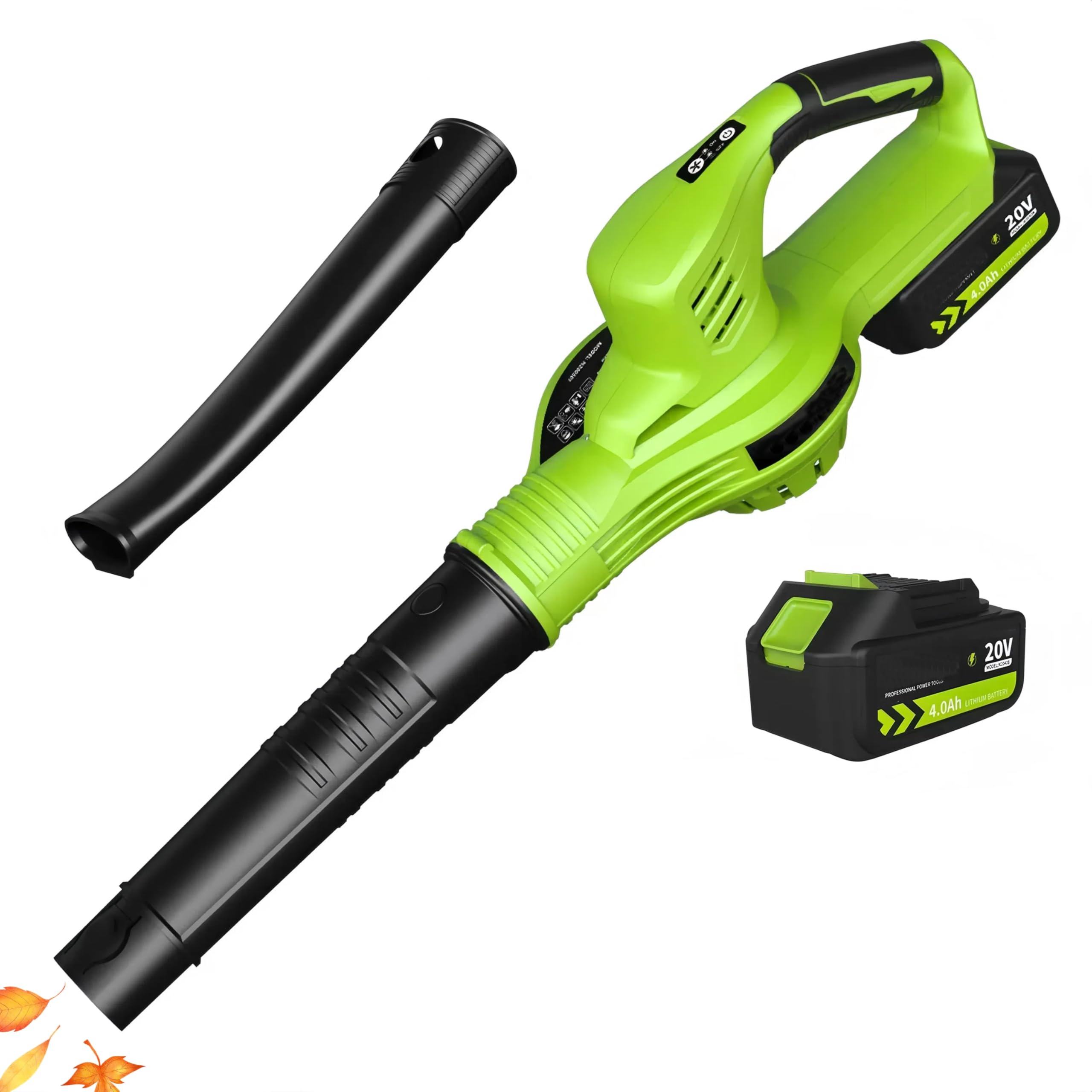 Hoofun Cordless Leaf Blower with battery and nozzle attached