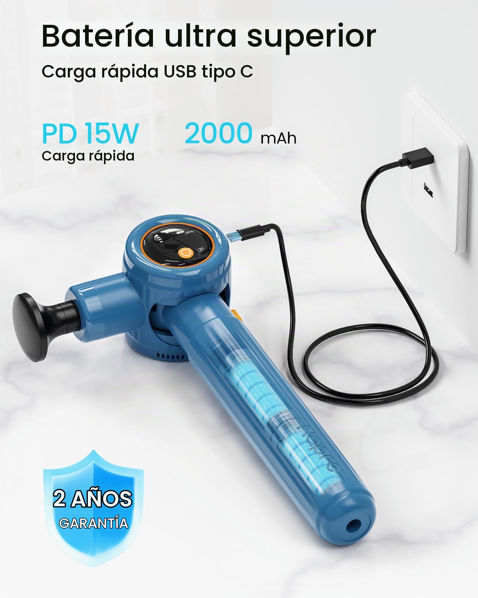 Pistola de Masaje Muscular,Napre Pistola Masaje Muscular con Mango Largo y 3 ángulos Ajustables,Massage Gun Pistola Masajeadora,6 Cabezales y Pantalla LED,Masajeador Muscular Cervical y Espalda,Azul