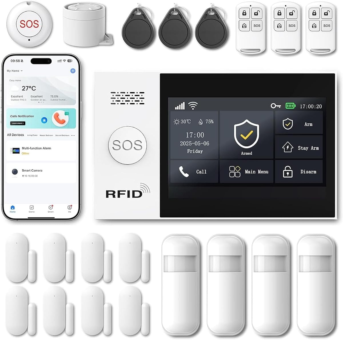 Sistema de alarma inalámbrico WiFi para seguridad del hogar - Protección 24 horas al día, 7 días a la semana, dispositivos domésticos inteligentes, pantalla táctil de 4,3", GSM/4G+WiFi, alertas instantáneas de aplicaciones, sin tarifa mensual, compatible con Alexa para villa, seguridad para niños (21 unidades)