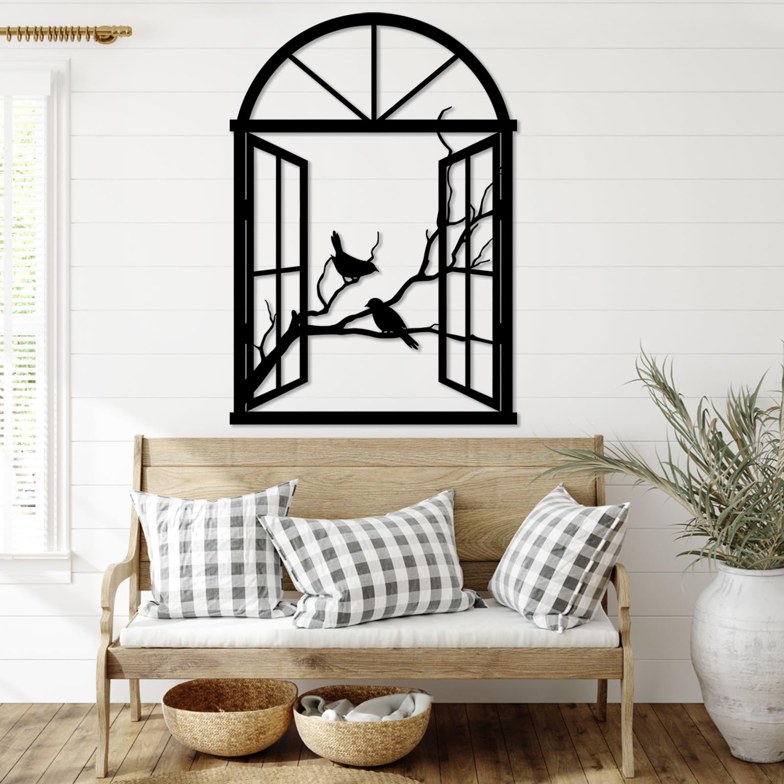 Decorazione murale in Metallo con Uccelli Neri su Ramo, Arco Decorativo Rustico in Metallo per Finestra, Scultura Moderna con Uccelli per Soggiorno, Camera da Letto, corridoio (Bianco 89 cm