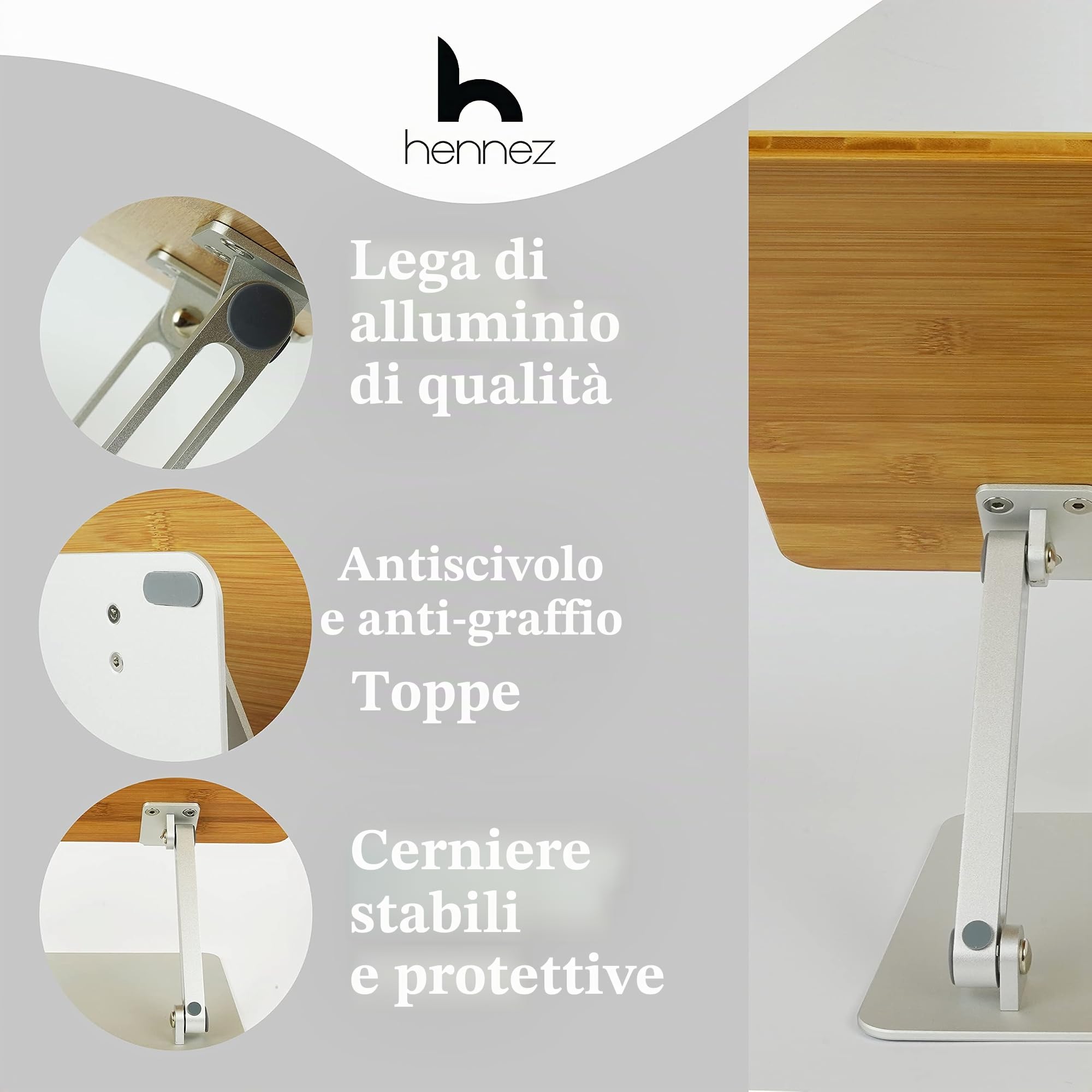 HENNEZ Supporto per computer portatile in legno, regolabile in altezza, supporto per notebook/MacBook
