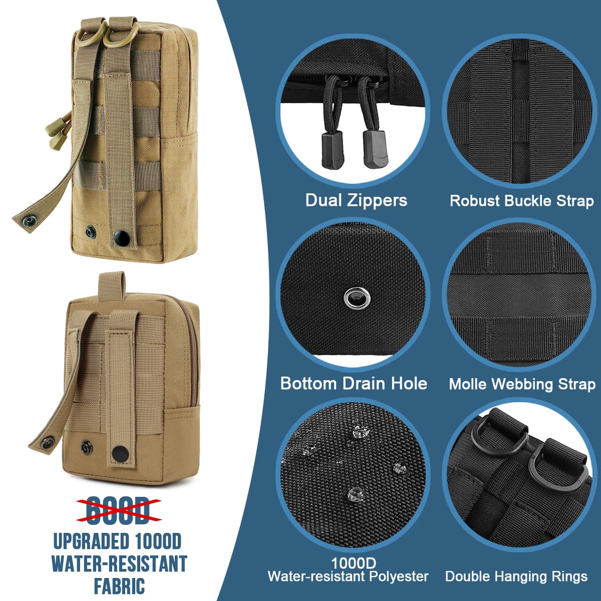 MUCHER 3 Pack Molle Pouches Tactical Waist Bags EDC Utility Pouch Waist Bag with 3 Hooks and 3 Keychains for Outdoor Hiking Hunting Camping Training Travelling (Khaki) - Image 3