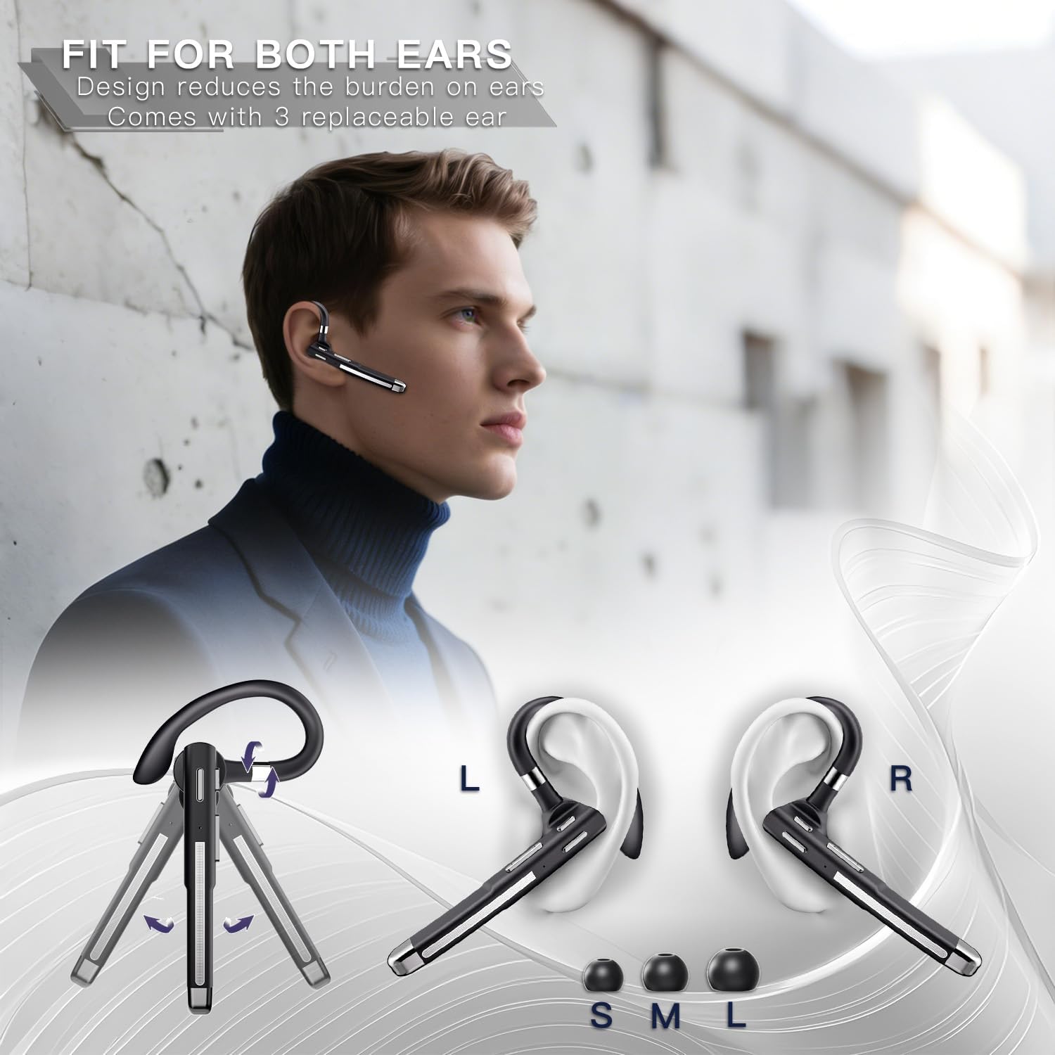 Bluetooth Headset V6.1,100 Hrs Talk Time Single-Ear Earbud,CVC8.0 Noise Cancelling Earpiece,Wireless Headset with Mic for Work,Driving Headphone for Android,iOS,Laptop,Office,Truck Driver - Image 7