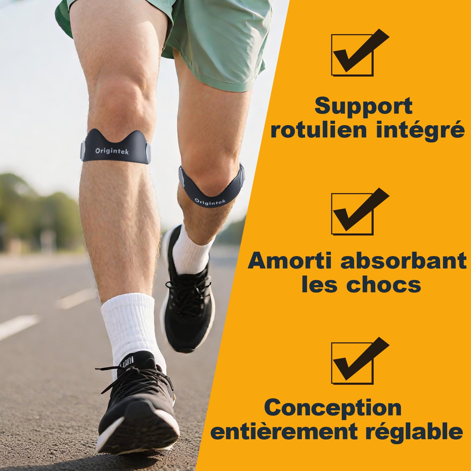 Genouillère Rotulienne Ajustable Antidérapante, Sangle de Tendon Rotulien pour Tendinite, Genou du Sauteur, Course à Pied Basket Volley Squat, 1 Pièce avec 2 Sangles Interchangeables Adultes Ados