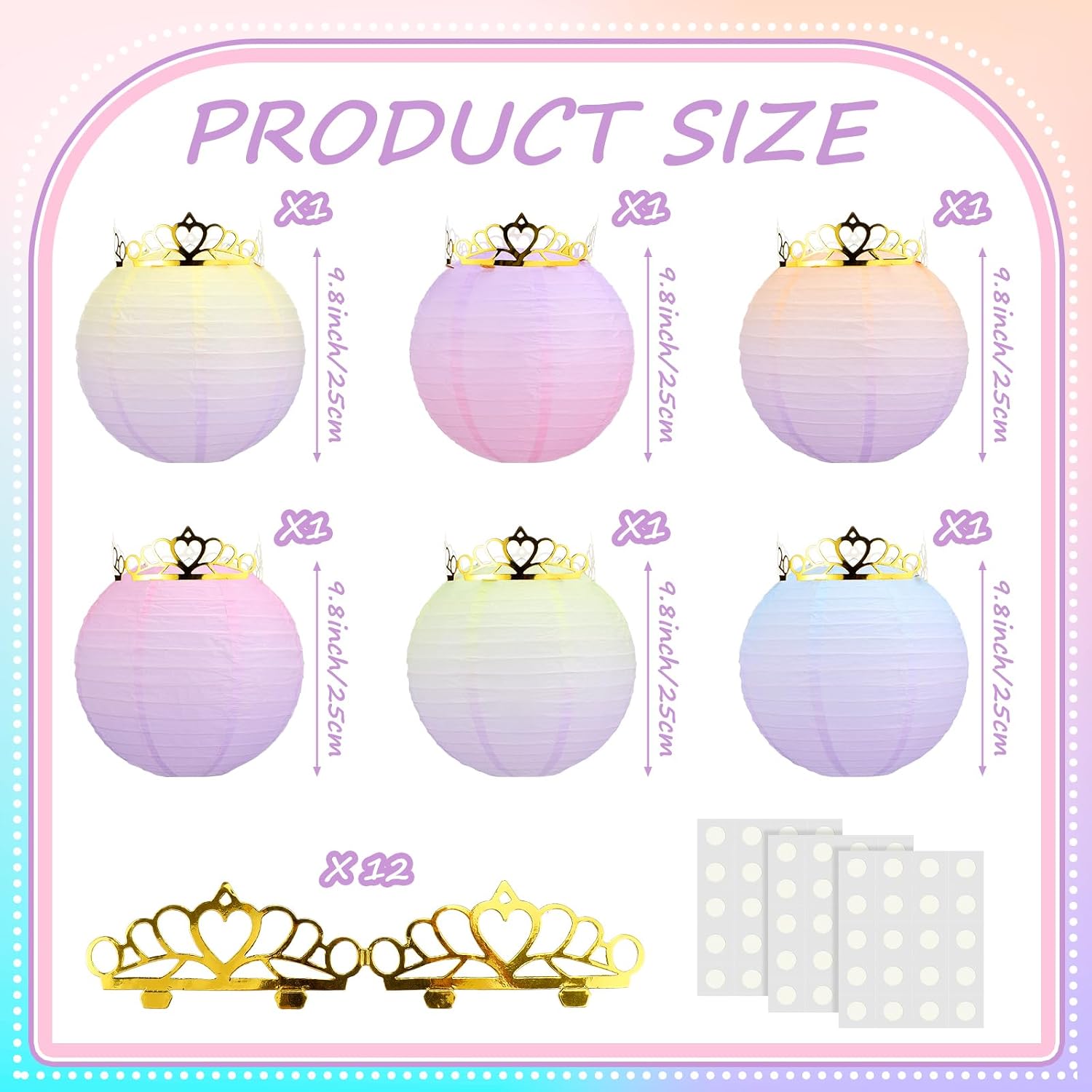 Baquler 6 Pack Purple Princess Paper Hanging Lanterns 9.8 Inch Colorful Paper Lanterns Tiara Crown Birthday Decorations Pastel Princess Hanging Decors for Birthday Wedding Party Supplies