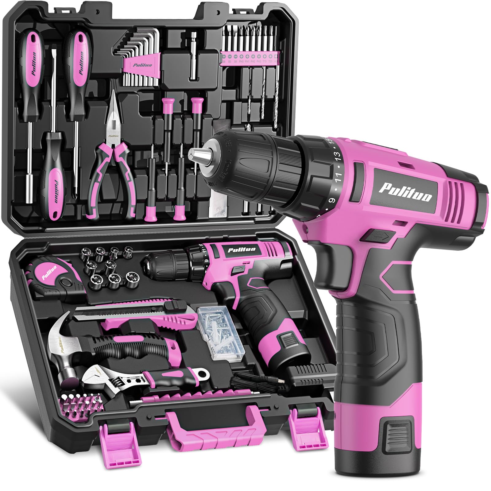 PULITUO Set di trapani, 149 pezzi, set di utensili per la casa con trapano a batteria rosa da 12 V, cassetta degli attrezzi, kit di utensili manuali per donne e uomini e appassionati di fai da te, per