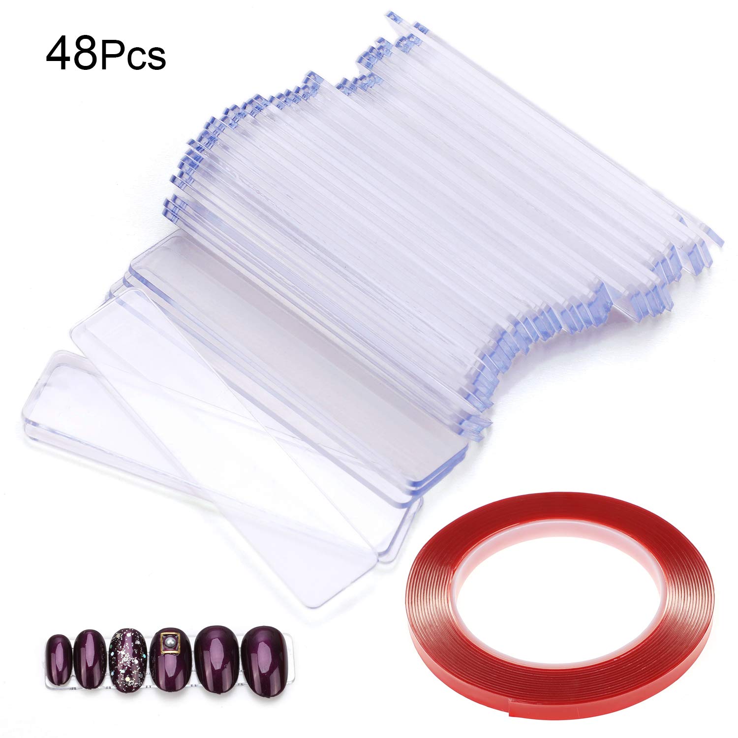 MWOOT48PCS Nail Art Display Stand Holder with 5M Removable Double Sided Mounting Tape,Transparent Nail Practice Holder Acrylic Fake Nails Showing Stand for DIY Nail Salon