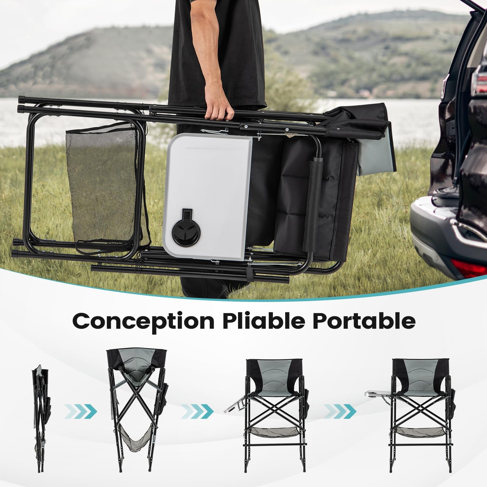 GYMAX Chaise Maquillage Professionnel 116,5 cm, Chaise Metteur en Scène Pliable Portable avec Plateau, Porte-Gobelet, Repose-Pieds, Sac en Filet, Poche de Rangement, Chaise Haute pour Studio