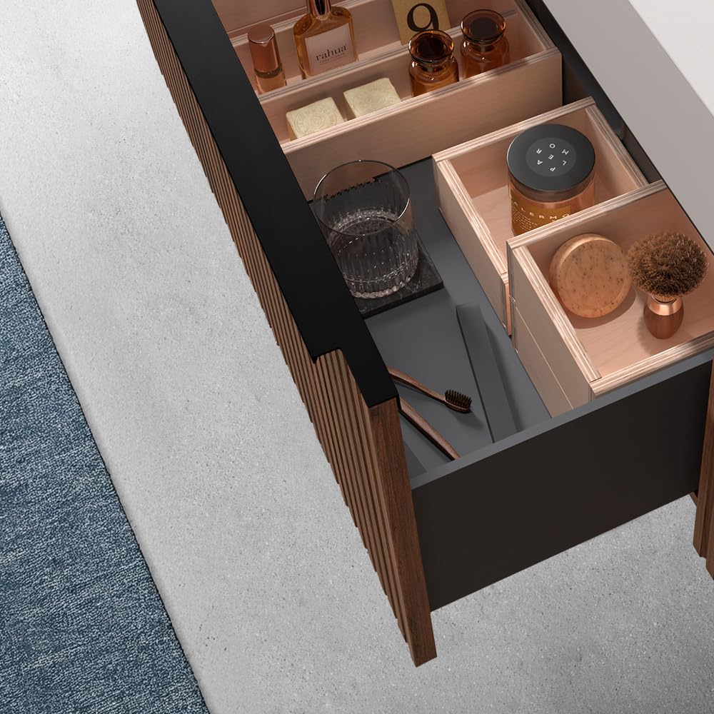 Mobile Da Bagno Sospeso 80 Cm Color Noce Maya Cannettato In MDF Rivestito in PVC Con Cassetto E Maniglia A Chiusura Rallentata E Lavabo In Ceramica Linea Nara