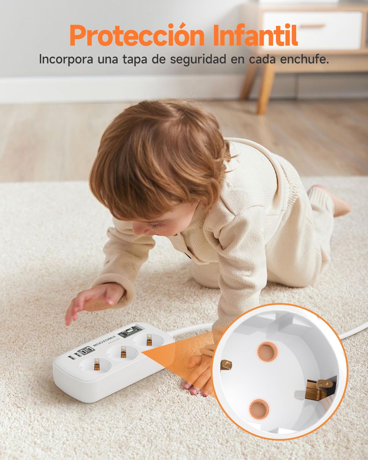 Regletas Enchufes con USB, Protección Sobretensión, 3 Tomas con Interruptor, Enchufe Múltiple de Carga 2 USB C y 2 USB A (5V/3,1A), Cable 1,5m, Ideal para Viajes y Hogar, 16A/4000W — view 7
