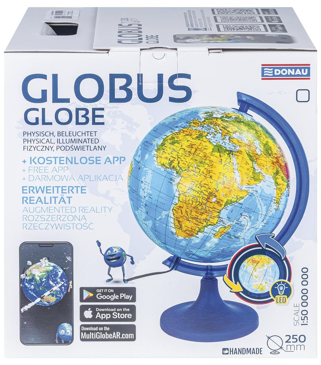 DONAU Globe terrestre/Diamètre 250 mm/Carte politique/Lumineux/Lampe LED/Pivotant/Décoration éducative/Application interactive Multiglobear/Pour l'école, la maison et Le bureau