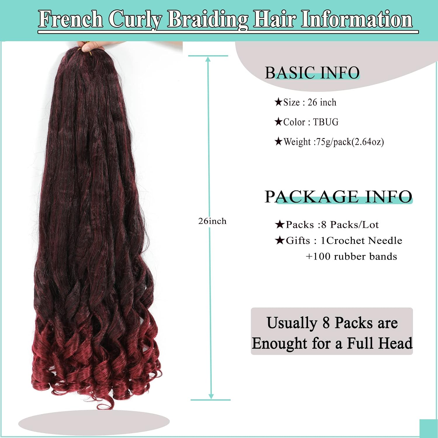 Burgundy French Curly Braiding Hair 8packs 26 inch Tbug Pre Stretched Curly Ombre Braiding Hair for Goddess Box Braids Hair Dark Red Bounce Curl Loose Wave Crochet Braids for Black Women Extensions