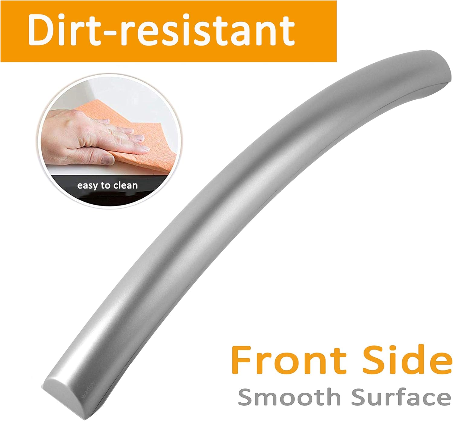 A hand cleaning the silver microwave door handle with a cloth, demonstrating its dirt-resistant surface.