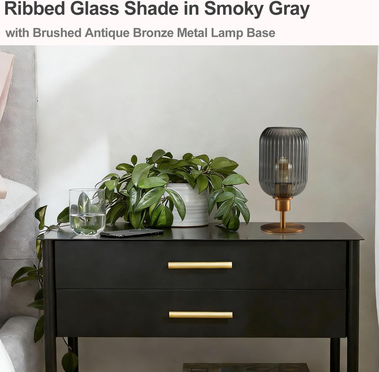 Mid Century Glass Table Lamp,Dimmable Desk Lamp,LED Bulb Included,Timer Build-in,Smoky Grey Ribbed Glass