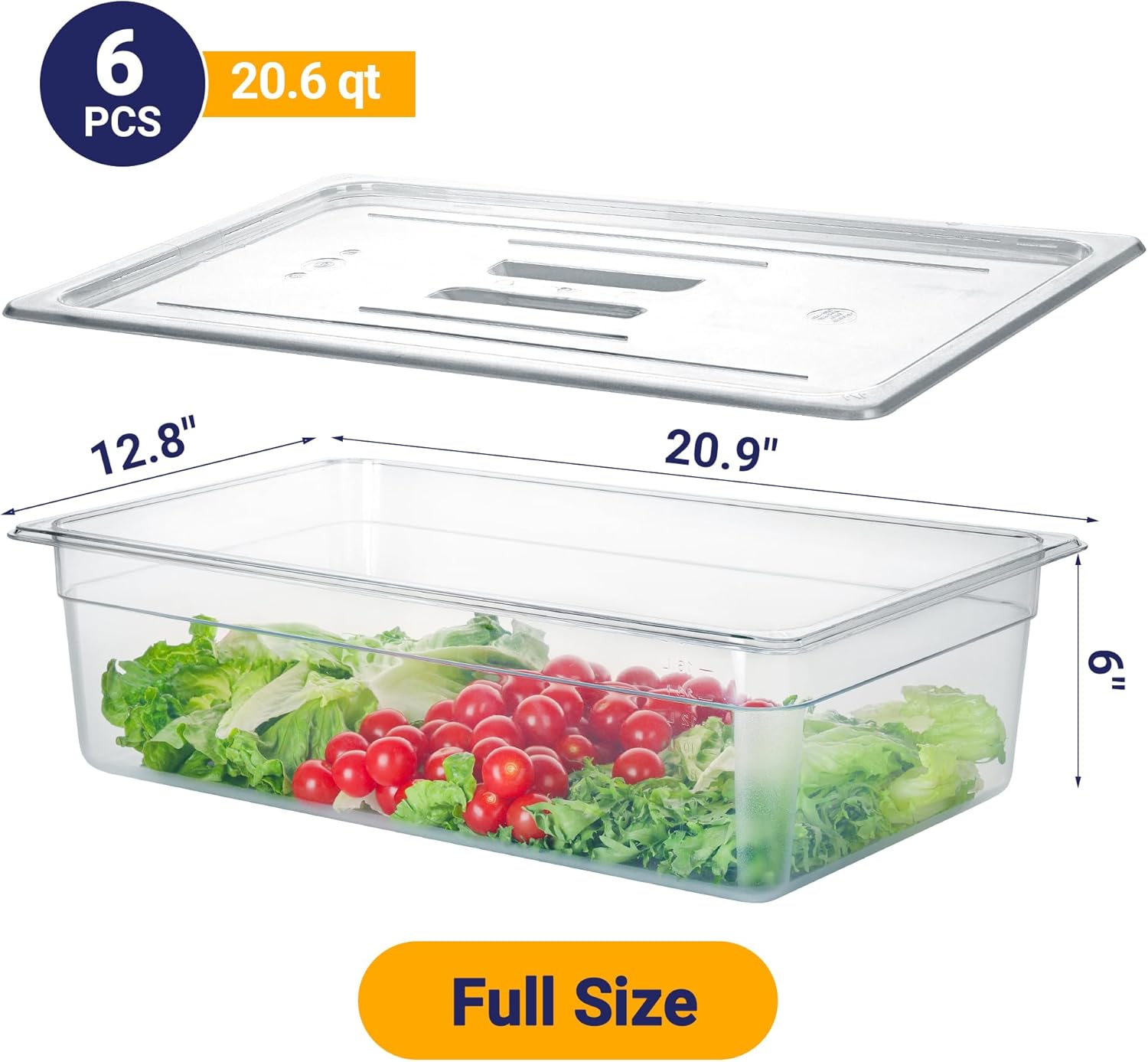 BIEAMA 6 Pack NSF Food Pans with Lids, Full Size 6'' Deep Commercial Food Storage Containers, Polycarbonate, Clear Full Size 6" Deep