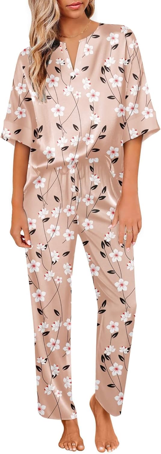 Ekouaer Satin Pajama Set Womens Silk Short Sleeve V Neck Shirt with Long Pant Soft Loungewear Pjs Set