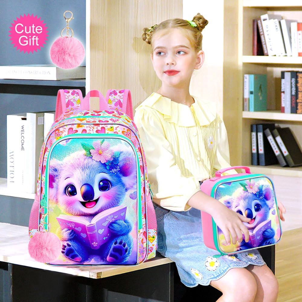 gxtvo 3PCS Koala Backpack for Girls, 16" Kids Bookbag with Lunch Box, Water Resistant School Bag for Elementary Preschool Toddler - Reading Koala Pink