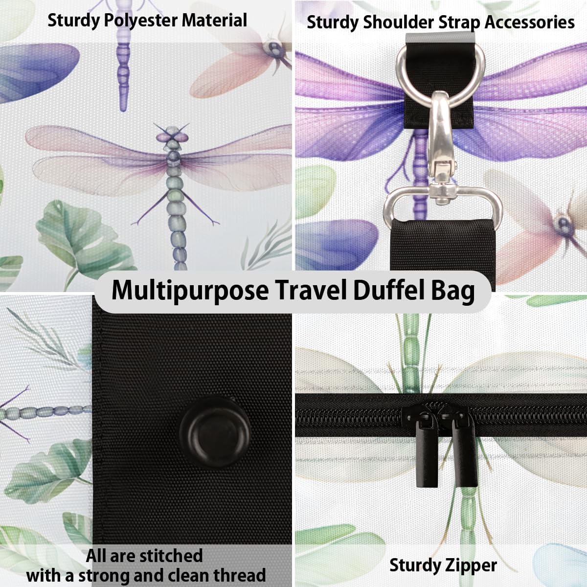 Dragonflies Watercolour Travel Duffel Bag for Women Men Large Capacity Overnight Weekender Bags for Lightweight Waterproof Sport Gym Bag for Workout Yoga Swim