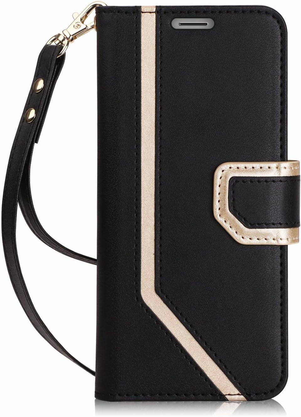 FYY Leather Case with Mirror for Samsung Galaxy S9, Leather Wallet Flip Folio Case with Mirror and Wrist Strap for Samsung Galaxy S9 Dark