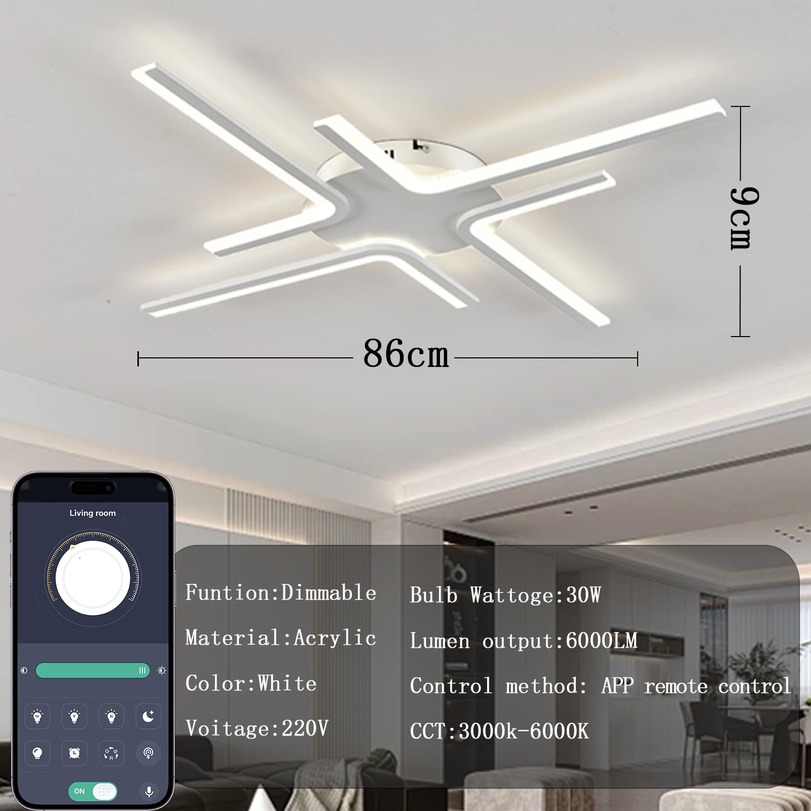 LáMpara Led Moderna Techo Con Control Remoto Y App LáMpara Techo AtenuacióN Continua Con FuncióN De Memoria,Blanco-4