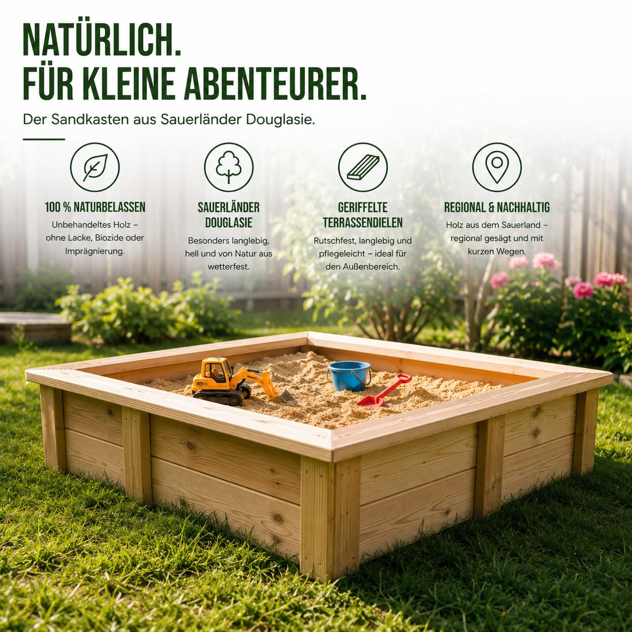 Sandkasten Holz 150x150 cm – Massive Douglasie aus dem Sauerland – naturbelassen ohne Chemie – 28 mm Starke Dielen – großer Sandkasten für Kinder – langlebig für Garten & Outdoor
