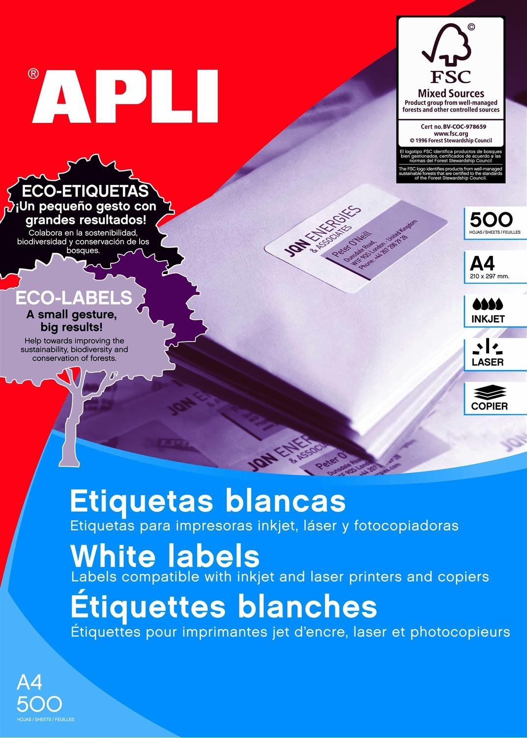 APLI 1795 Box of 500 Sheets Polyvalent Labels 105 x 42.4 mm White