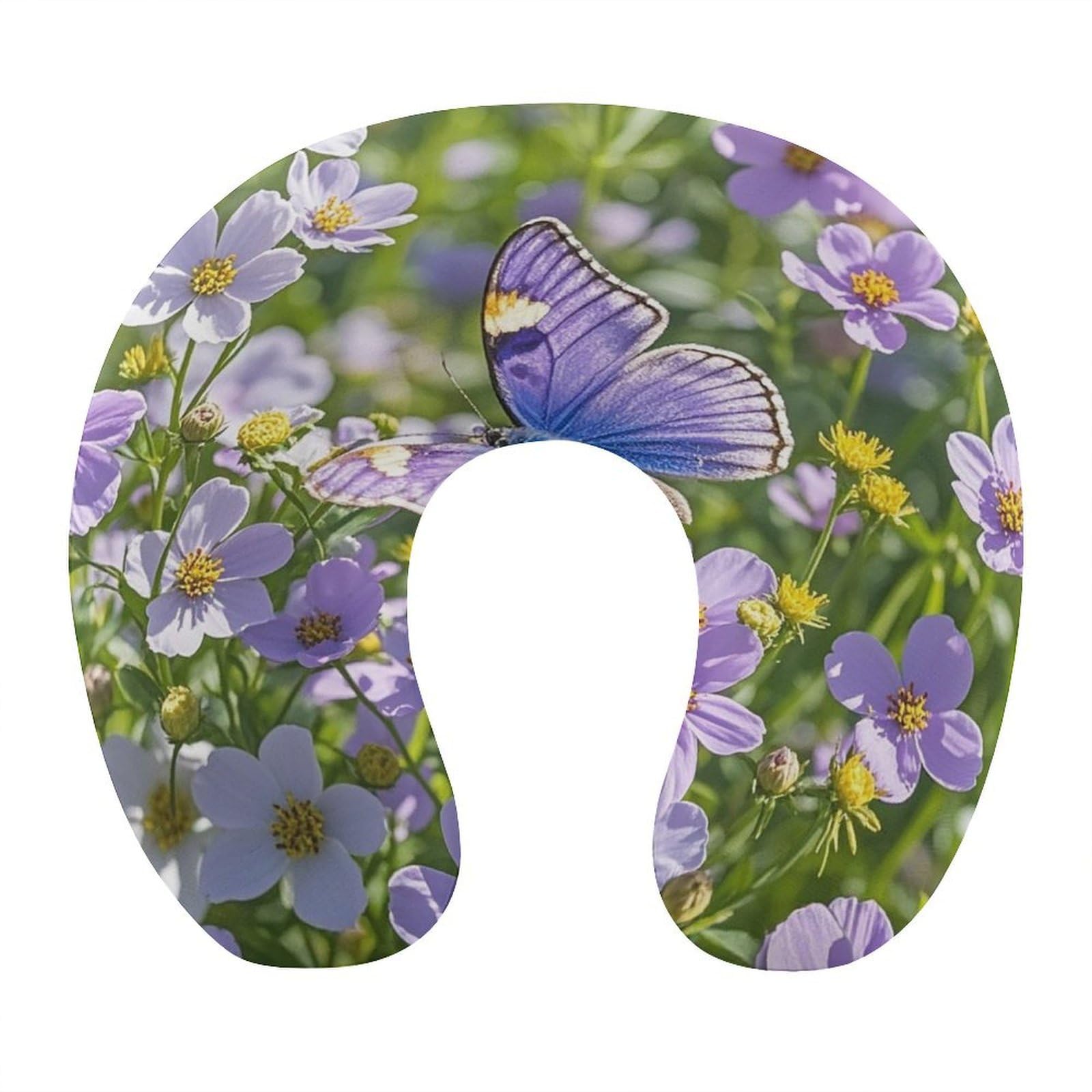FekiLoot Purple Butterfly and Flowers Travel Pillow U Shaped Neck Pillow Comfortable Memory Foam Pillow Portable Soft Headrest Lightweight Neck and Head Support for Planes Trains Self-Driving Cars