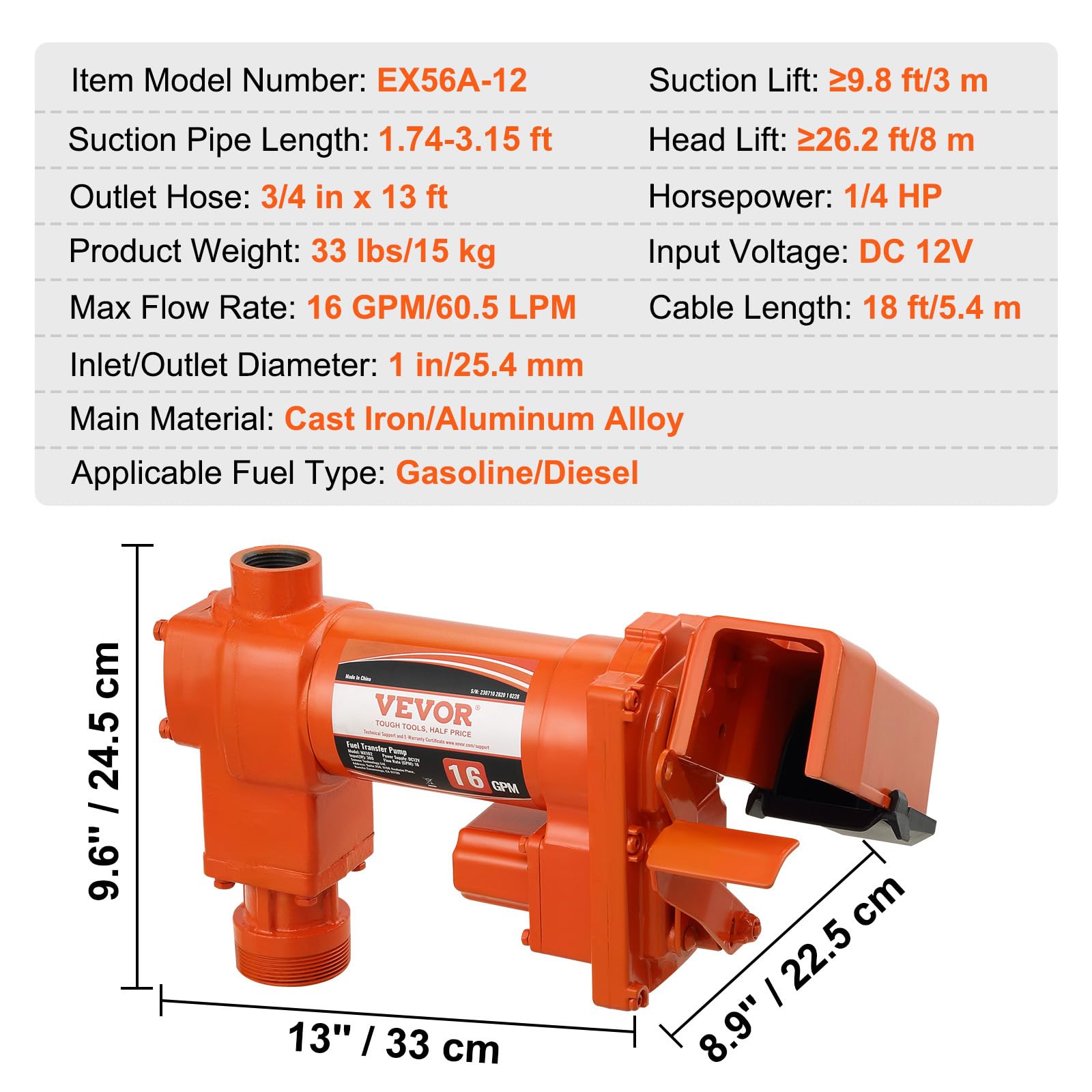 VEVOR Bomba de Transferencia de Combustible 16 GPM, 12 V, 1/4 HP, Extractora de Gasolina con Boquilla Automática, Manguera de Descarga y Tubo de Succión para Gasolina, Diésel, Queroseno