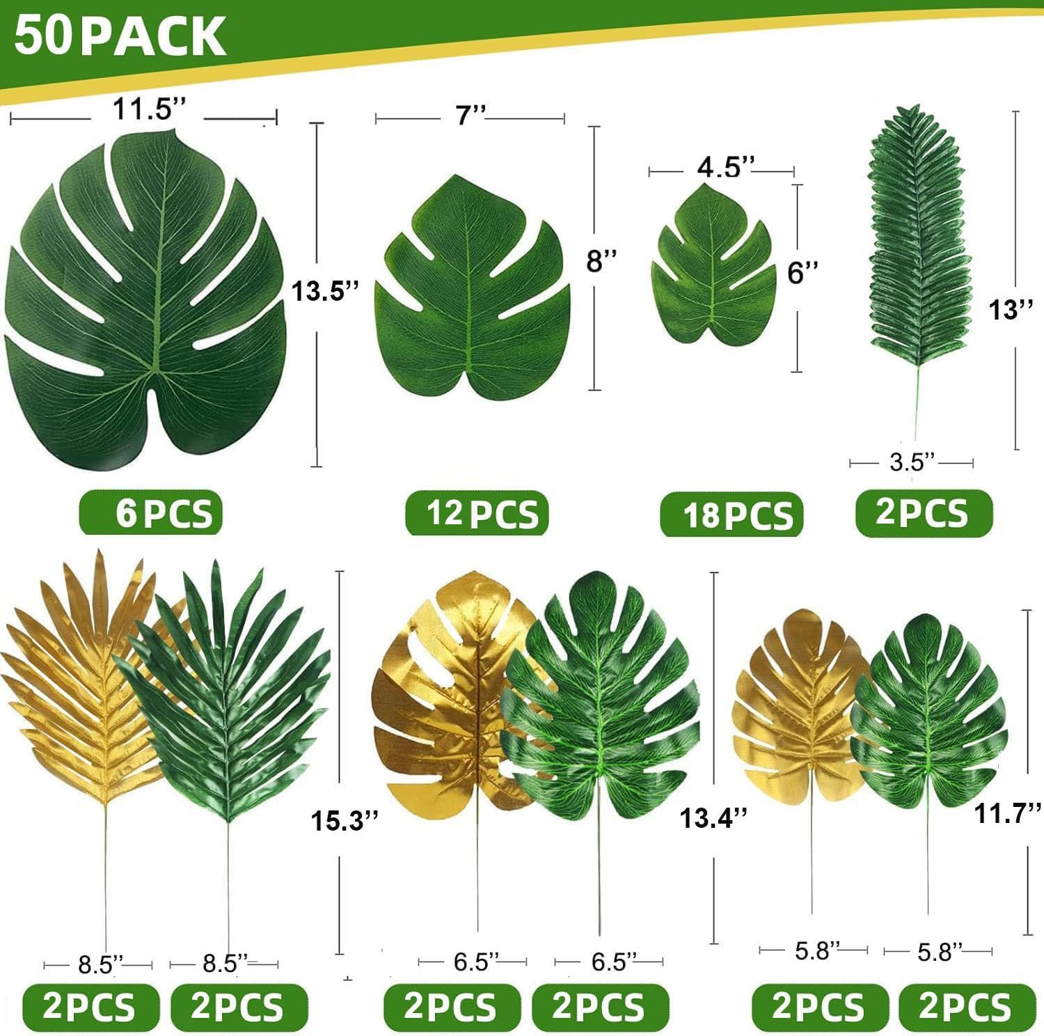 50 Pieces 10 Kinds Artificial Palm Leaves Golden Tropical Leaves with Stems Jungle Leaves Decorations for Hawaiian Luau Party Beach Baby Shower Wedding Birthday