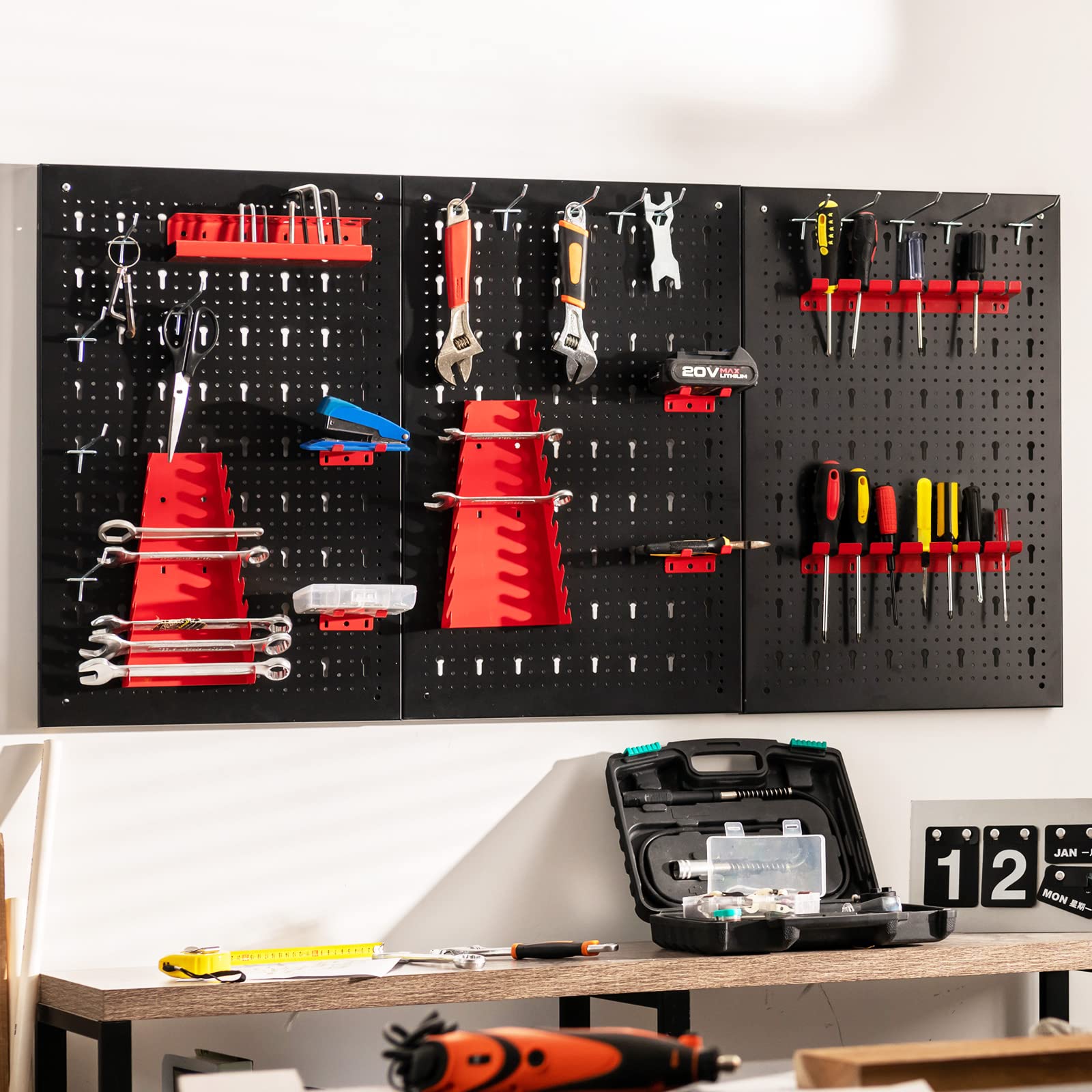 GOPLUS Organizador de Herramientas 120 x 60 cm, con 28 Accesorios con Ganchos y Soportes, Tablero Perforado de Metal para Llaves Inglesas y Taladros, Estante de Pared para Garaje, Taller