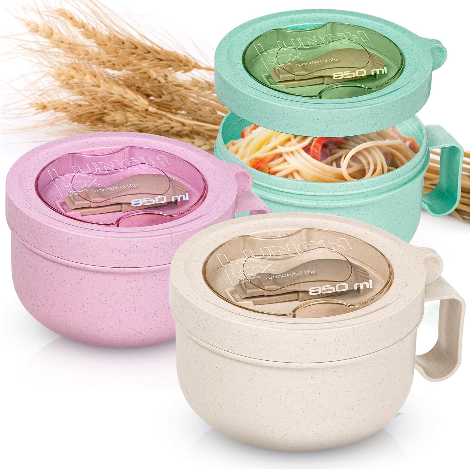 MATICAN Microwave Soup Bowl with Lid, 3-Pack Soup Mug with Lid, Microwave Containers for Ramen Noodles, Soup, Beverages, 28.74 Ounces, Pink, Mint, Eggshell White, Includes Spork