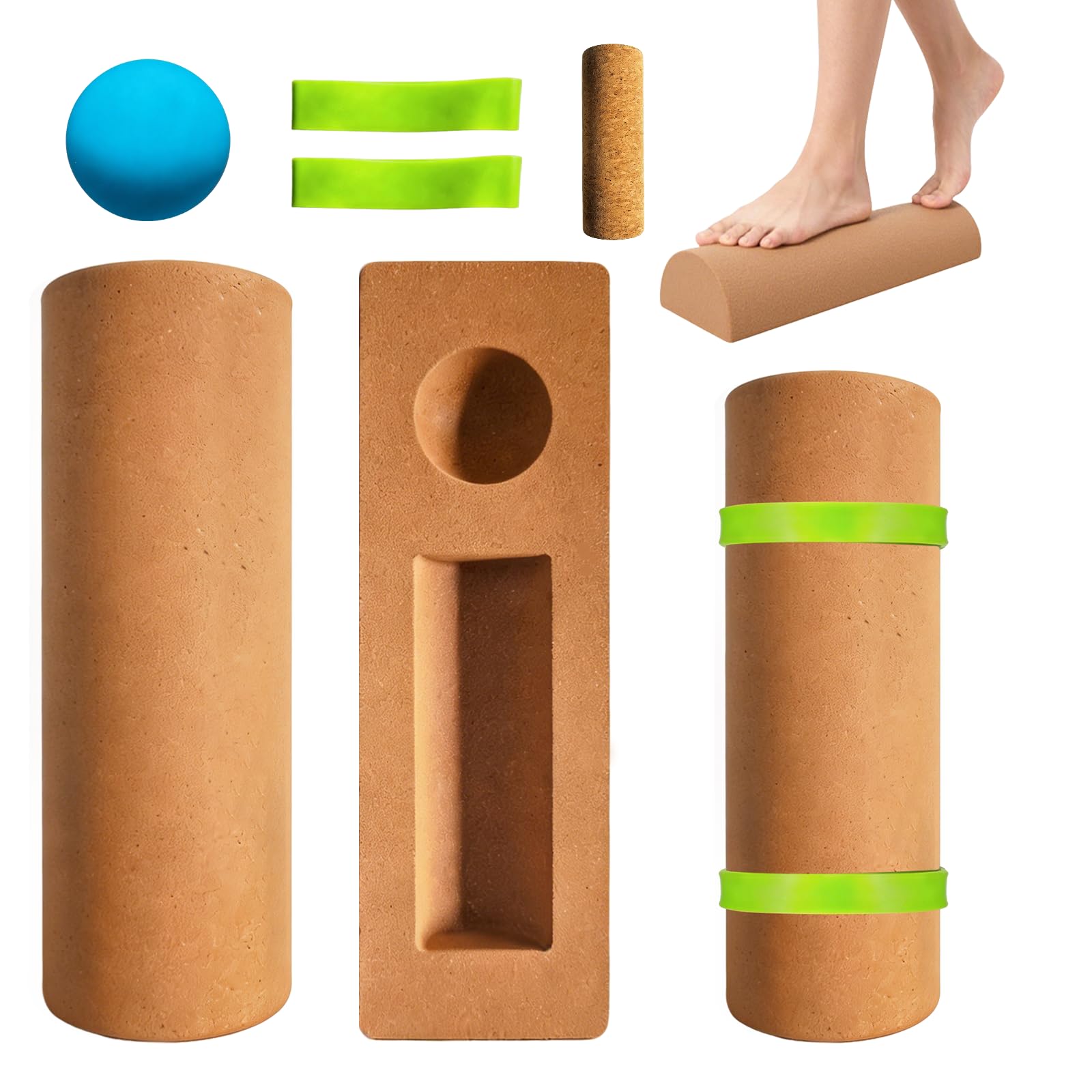 BRGD Sughero Piede Balance Board Set, Caviglie Rinforzo Tavola di Equilibrio con Blocchi, Rullo, Palla Fasciale e Fasce per Equilibrio, Stabilità e Forza del Piede