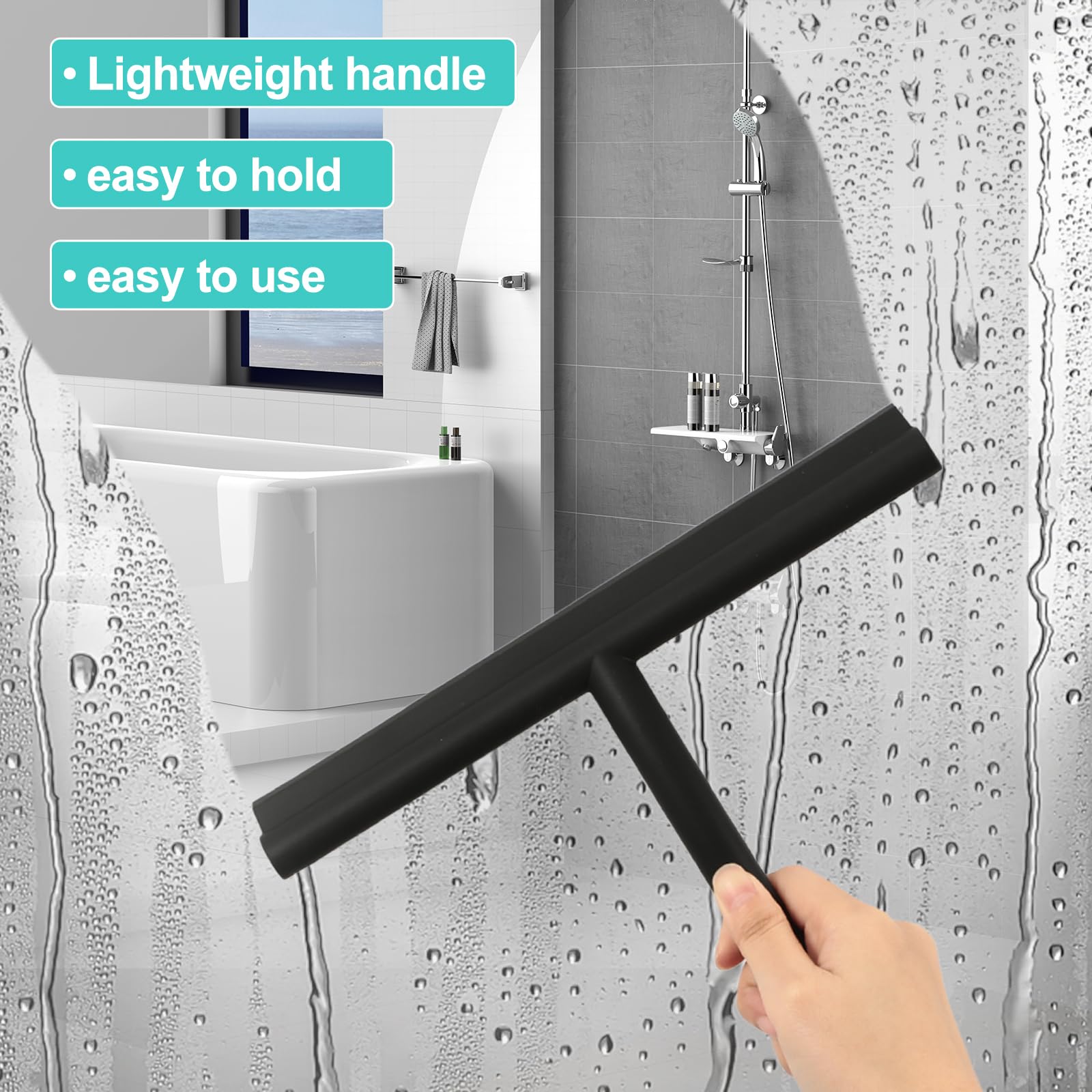 Tergivetro Per Doccia In Silicone - Pulisci Vetri Senza Traccia, Con Cavo Per Appendere, Nero - Foto 4