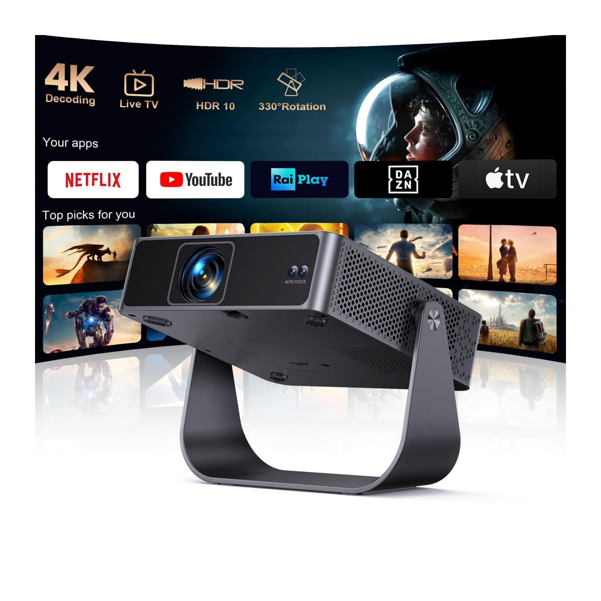 Proiettore Portatile【Smart TV & 1000+ Canali Live】Mini Proiettore 4K Smart TV Compatibile con Netflix, Rotazione 330°, Auto Focus WiFi Bluetooth, 1080P Nativo, Videoproiettore soffitto casa/campeggio