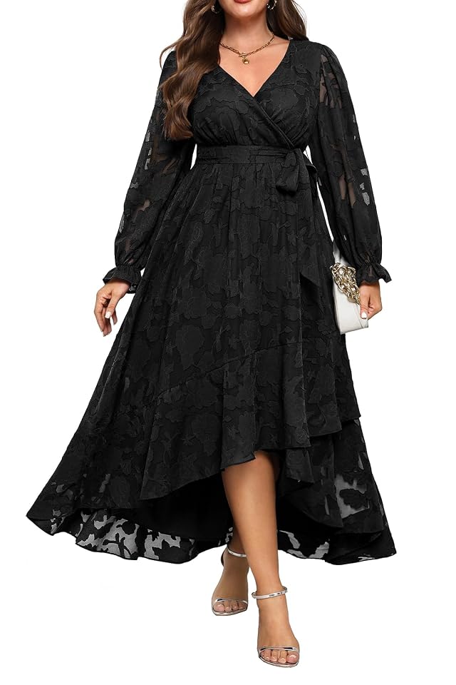 Plus Size Dresses Wedding Guest - Fall Semi Formal Floral Long Sleeve Wrap V Neck High Low Maxi