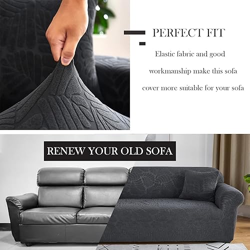 Miniatura 4 de Qubjus Funda de sofá de jacquard elástico para sofá de 3 cojines, protector de muebles lavable con espumas antideslizantes y una funda de almohada