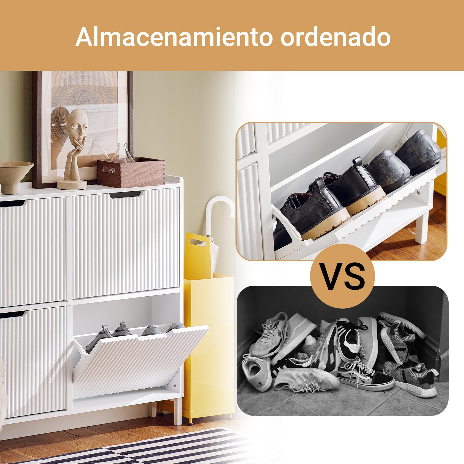 SoBuy Mueble Zapatero Estrecho - Zapatero Blanco con 4 Puertas Abatibles - Zapatero Madera Vetas Verticales para Espacios Pequeños - Recibidor, Pasillo o Habitación - 100x19x91cm - FSR177-L-W