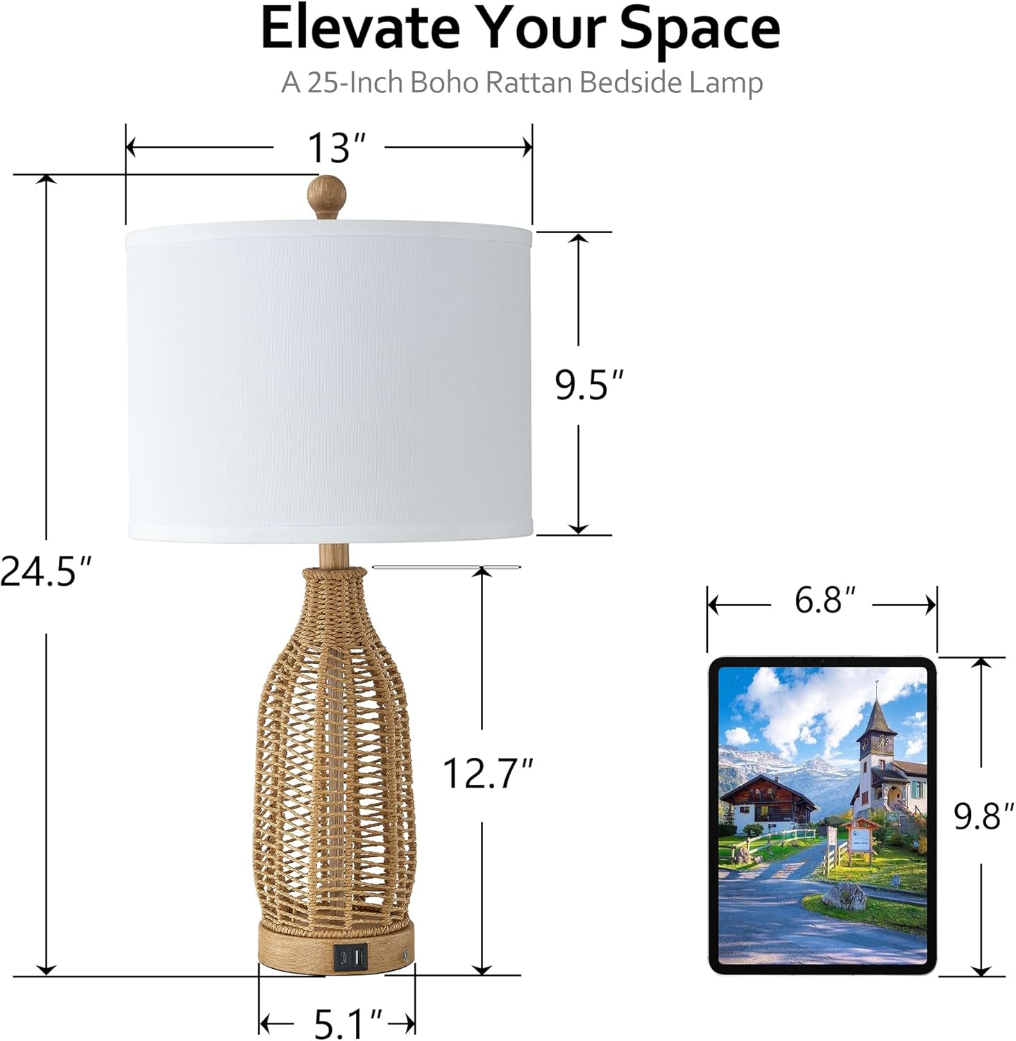 24.5" Rattan Table Lamps Set of 2 with A+C USB Charging Ports, Farmhouse Boho Bedside Nightstand Lamp for Bedroom & Living Room, Rustic End Table Lighting with White Shade
