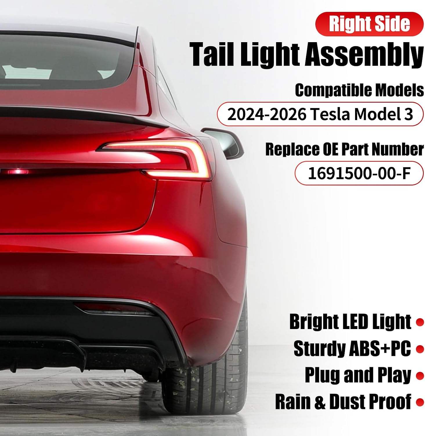 4-PIN Rear right Tail Light Assembly Compatible With 2024-2026 Tesla Model 3 Rear Passenger Side Brake Outer LED Tail Lamp Replaces# 1691500-00-F