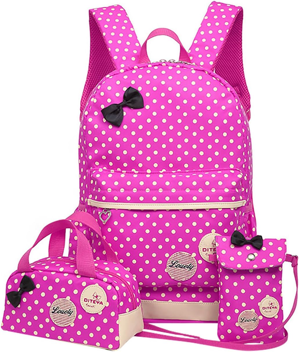 DiTeYaNuo 3 Pcs Kids Girls Lightweight Backpack Waterproof Canvas Polka Dot Shoulder Bag Travel Rucksack Lunchbag Handbag