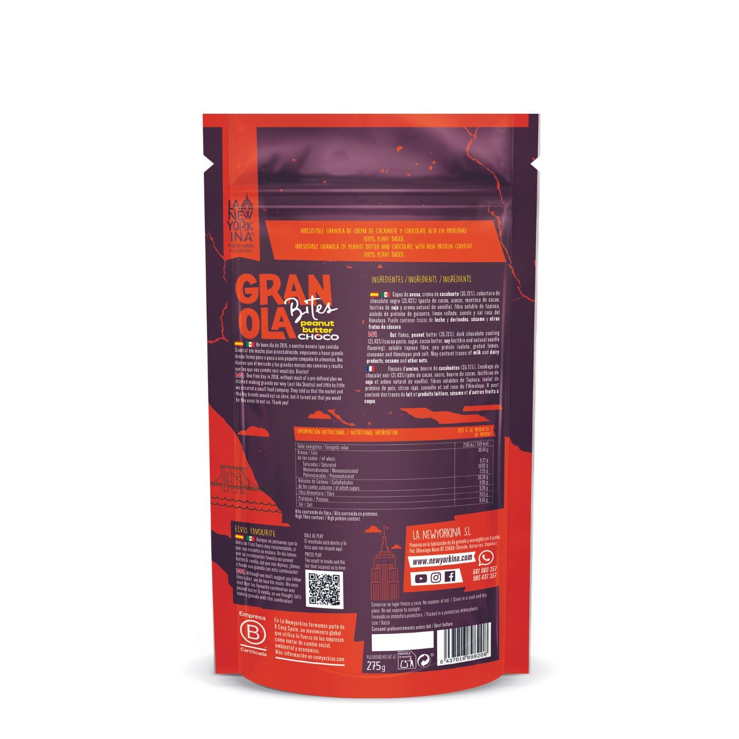 LA NEWYORKINA BITES Pack 2 Granola Peanut Butter Chocolate con avena y crema de cacahuete. Con mucho chocolate con un mínimo del 70% de cacao. Envase de 275gr